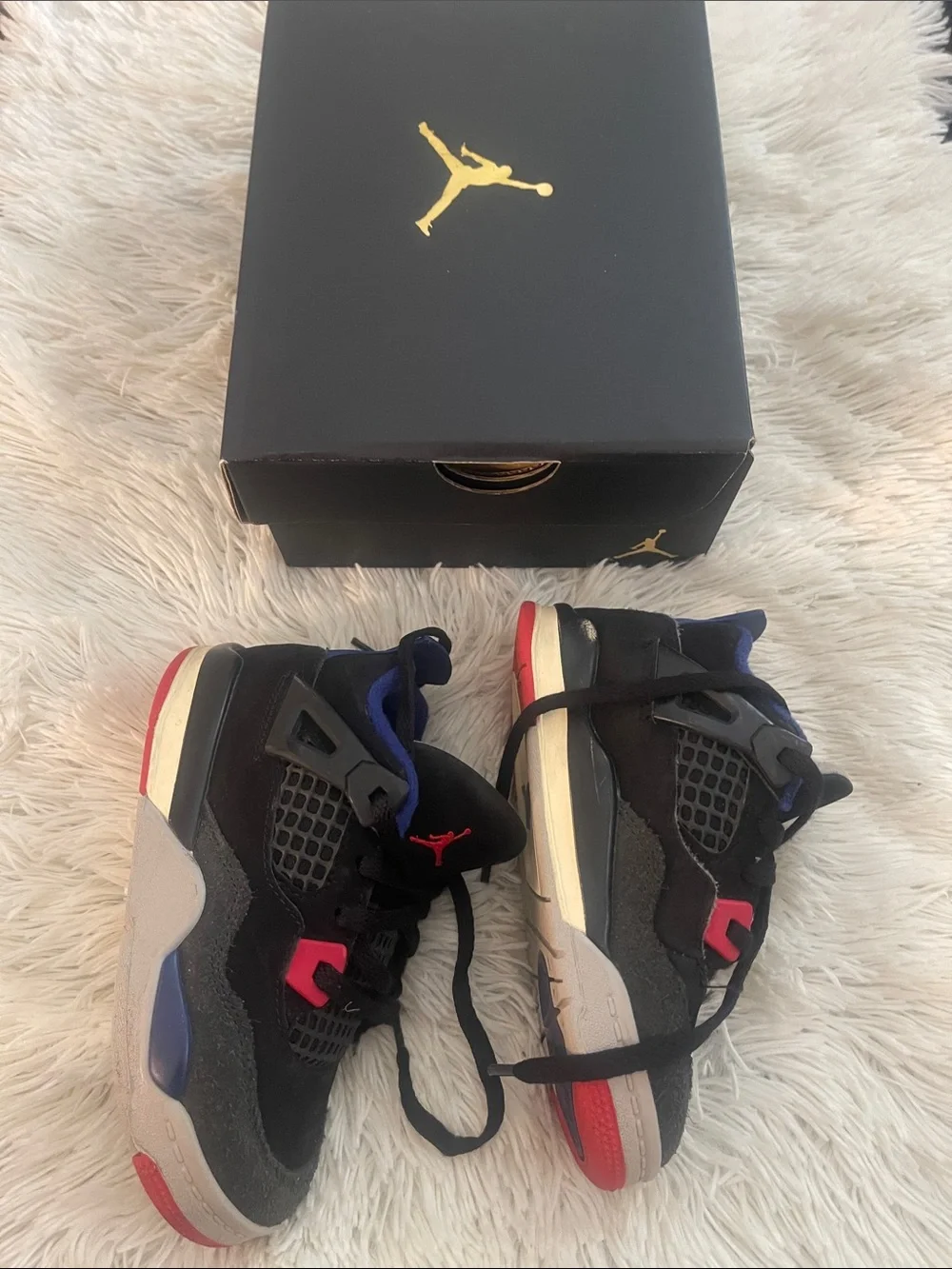 Kids Jordan 4 Retro OG Black/Fire Red-Deep Royal Blue & Red Athletic Sneakers